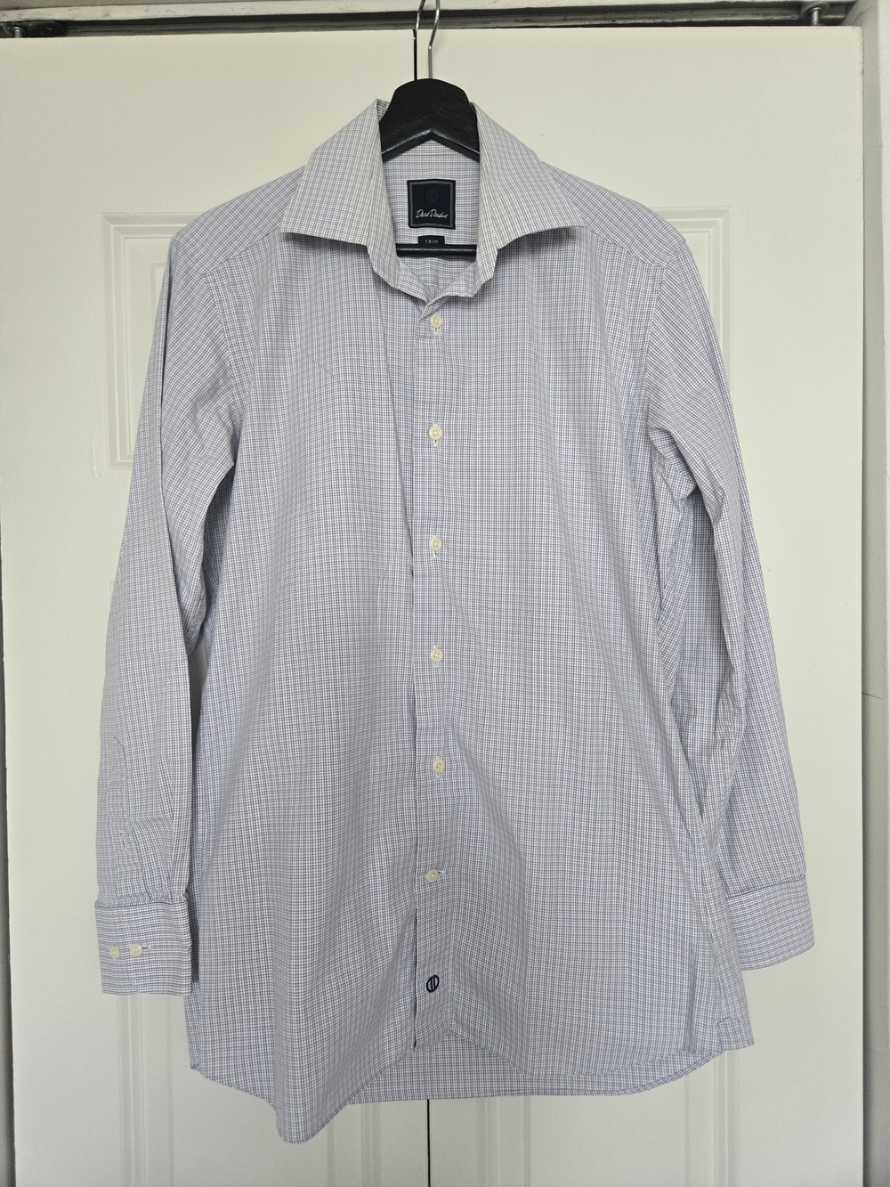 David Donahue Men's White and Light Blue Check Dress Shirt